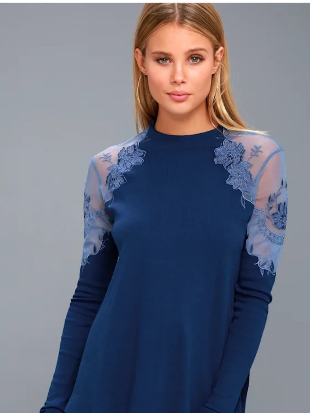 Free People Daniela Women’s Navy Lace-Accent Long Sleeve Top S/M